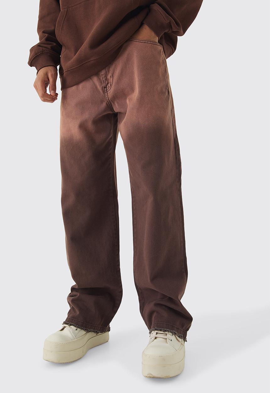 boohooMAN - Fixed Waist Relaxed Raw Hem Washed Trouser - brown
