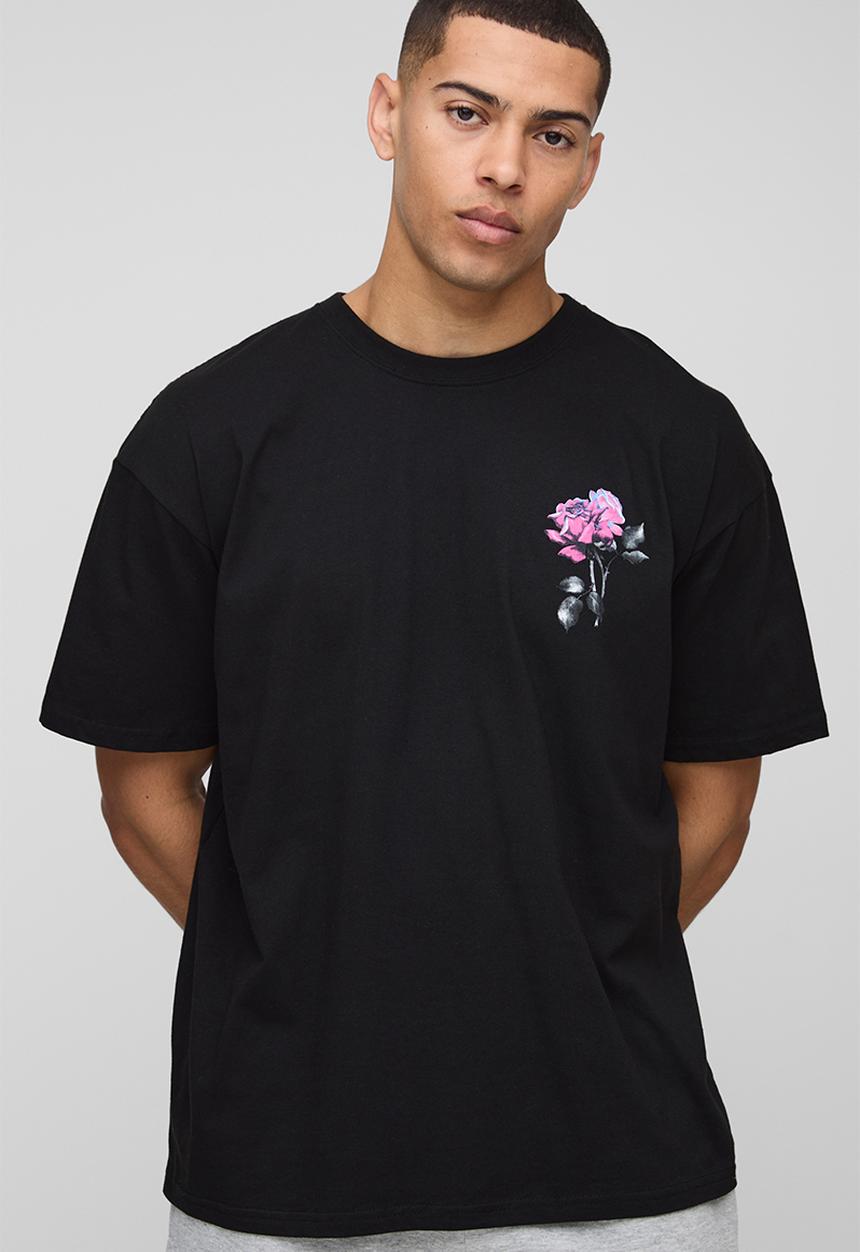 boohooMAN - Oversized Rose Print Official T-Shirt - black