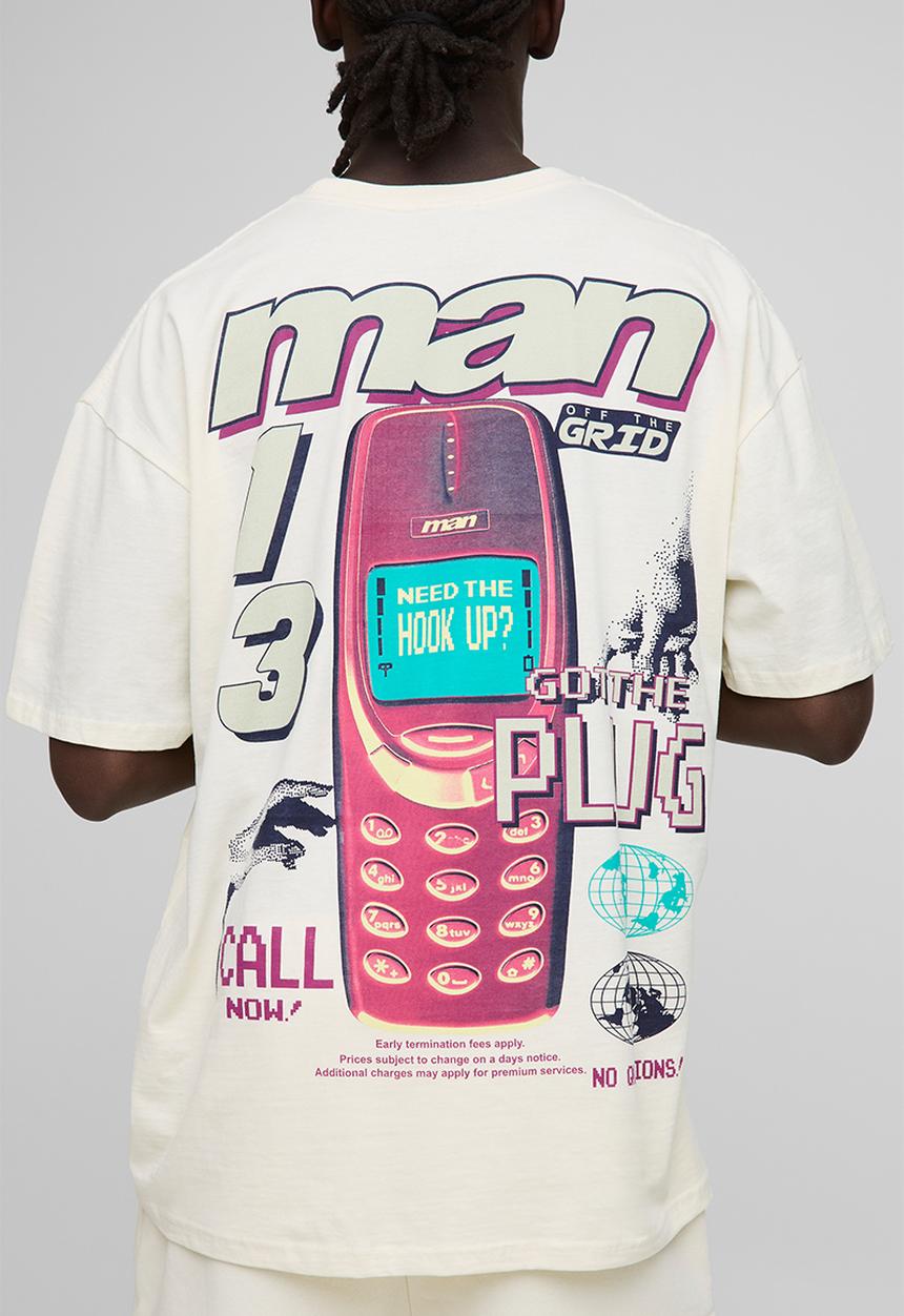 boohooMAN - Oversized Retro Digi Phone Graphic T-Shirt - ecru