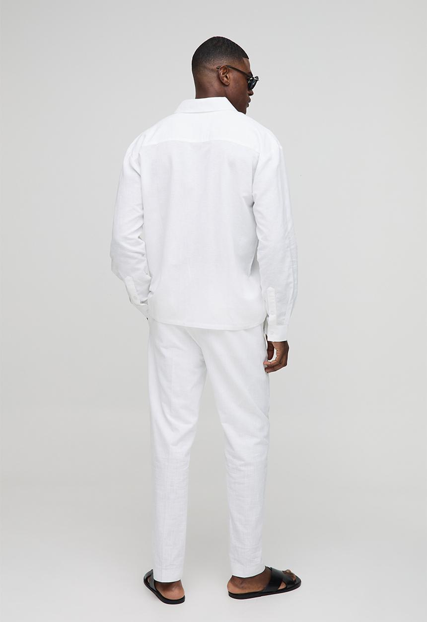 boohooMAN - Oversized Long Sleeve Collared Linen Blend Shirt - White