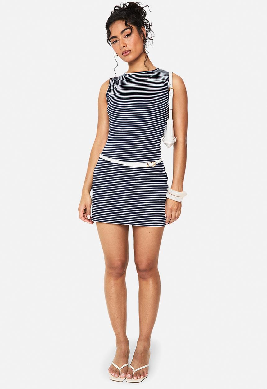 boohoo - Stripe sleeveless a-line mini dress - navy