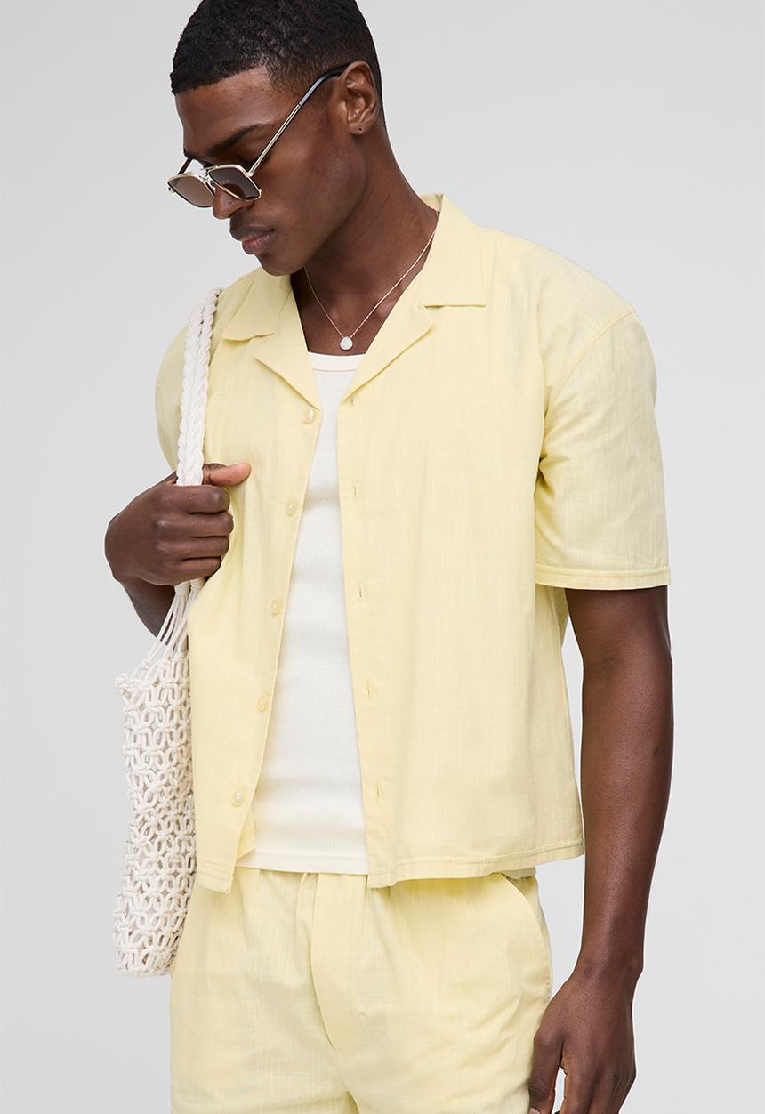 boohooMAN - Oversized Revere Linen Blend Short Sleeve Shirt - Yellow