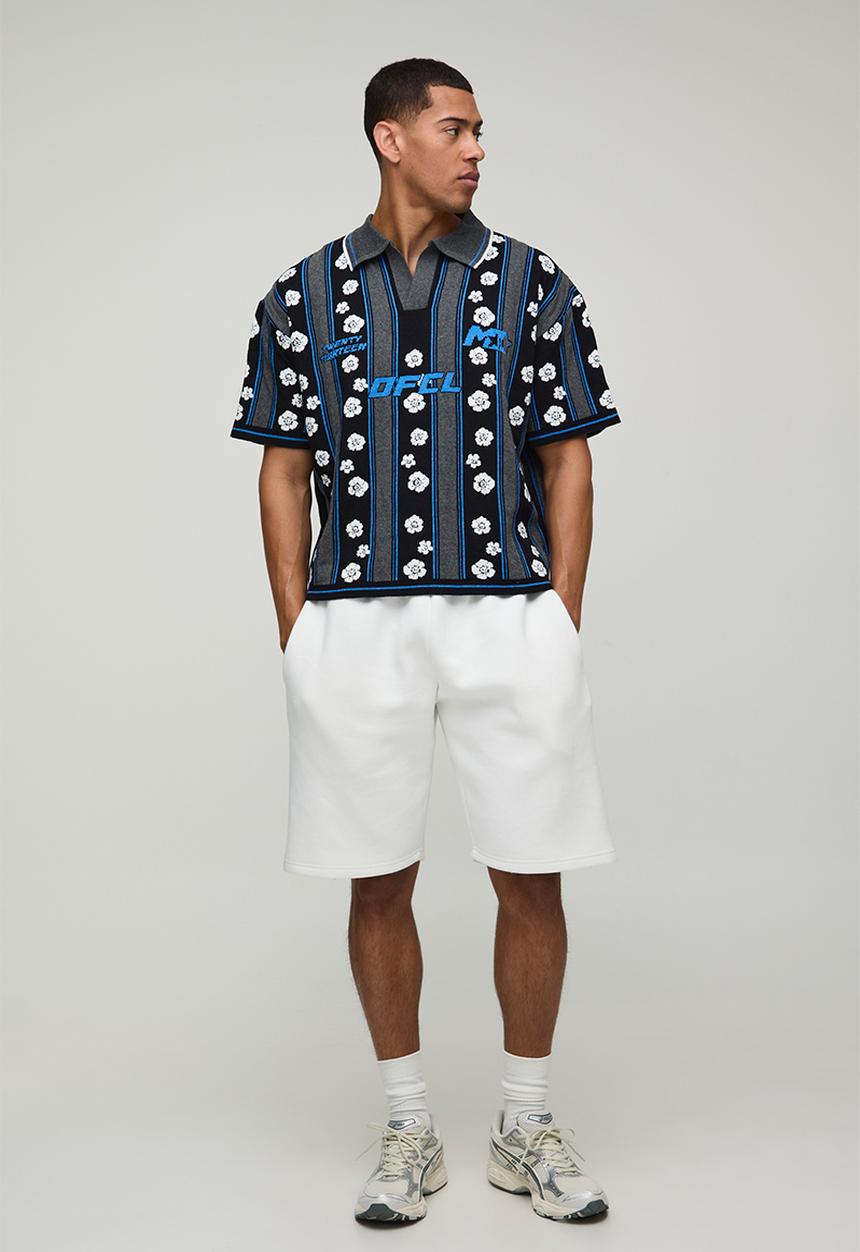 boohooMAN - Oversized Boxy Varsity Jacquard Knitted Polo - Black