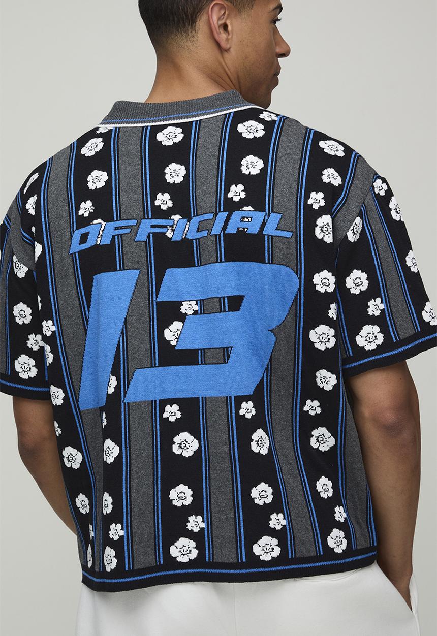 boohooMAN - Oversized Boxy Varsity Jacquard Knitted Polo - Black