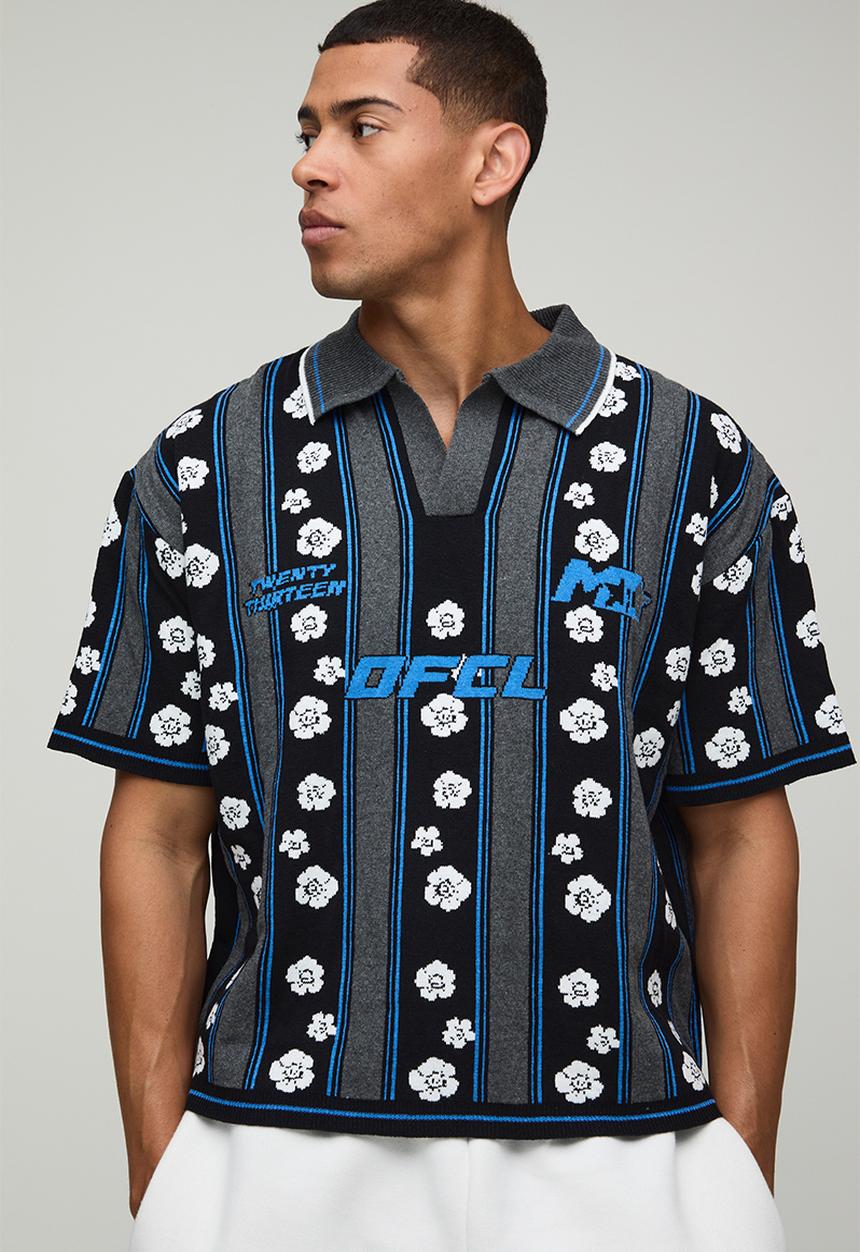 boohooMAN - Oversized Boxy Varsity Jacquard Knitted Polo - Black