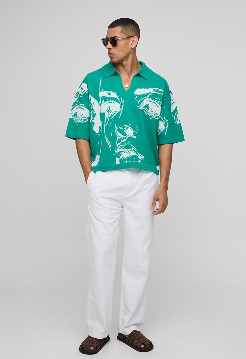 boohooMAN - Oversized Boxy Line Drawing Knitted Polo - Green