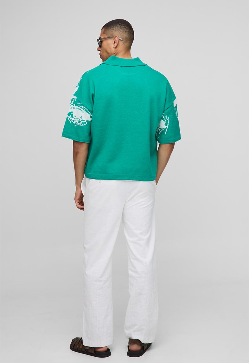 boohooMAN - Oversized Boxy Line Drawing Knitted Polo - Green