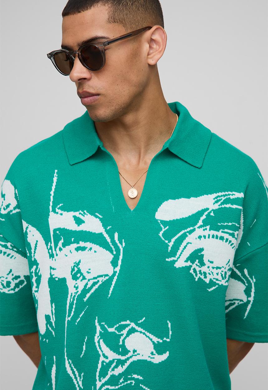 boohooMAN - Oversized Boxy Line Drawing Knitted Polo - Green