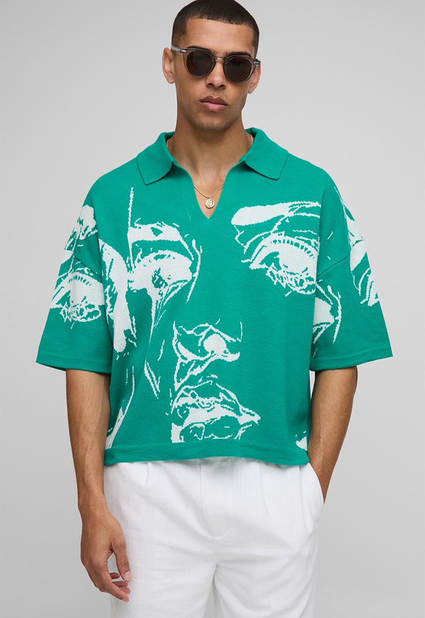 boohooMAN - Oversized Boxy Line Drawing Knitted Polo - Green