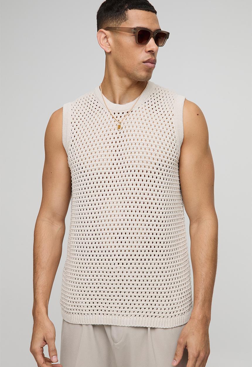 boohooMAN - Regular Fit Open Stitch Knitted Vest - White