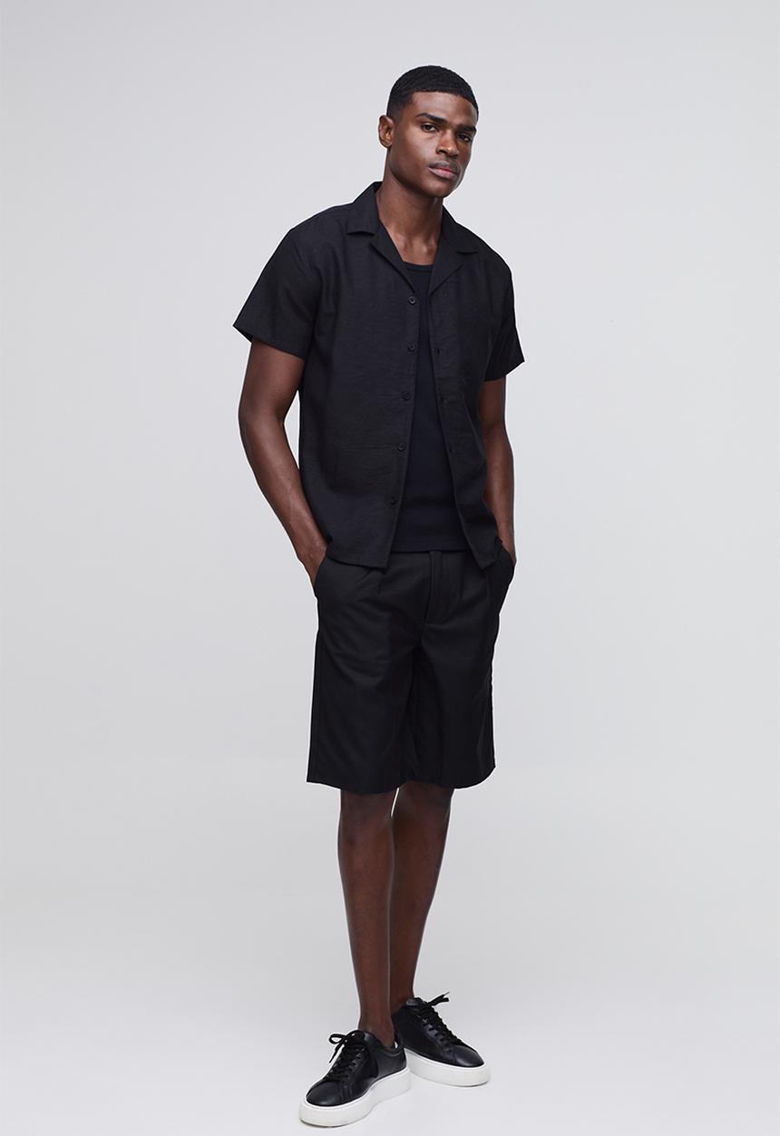 boohooMAN - Regular Fit Revere Linen Blend Short Sleeve Shirt - black