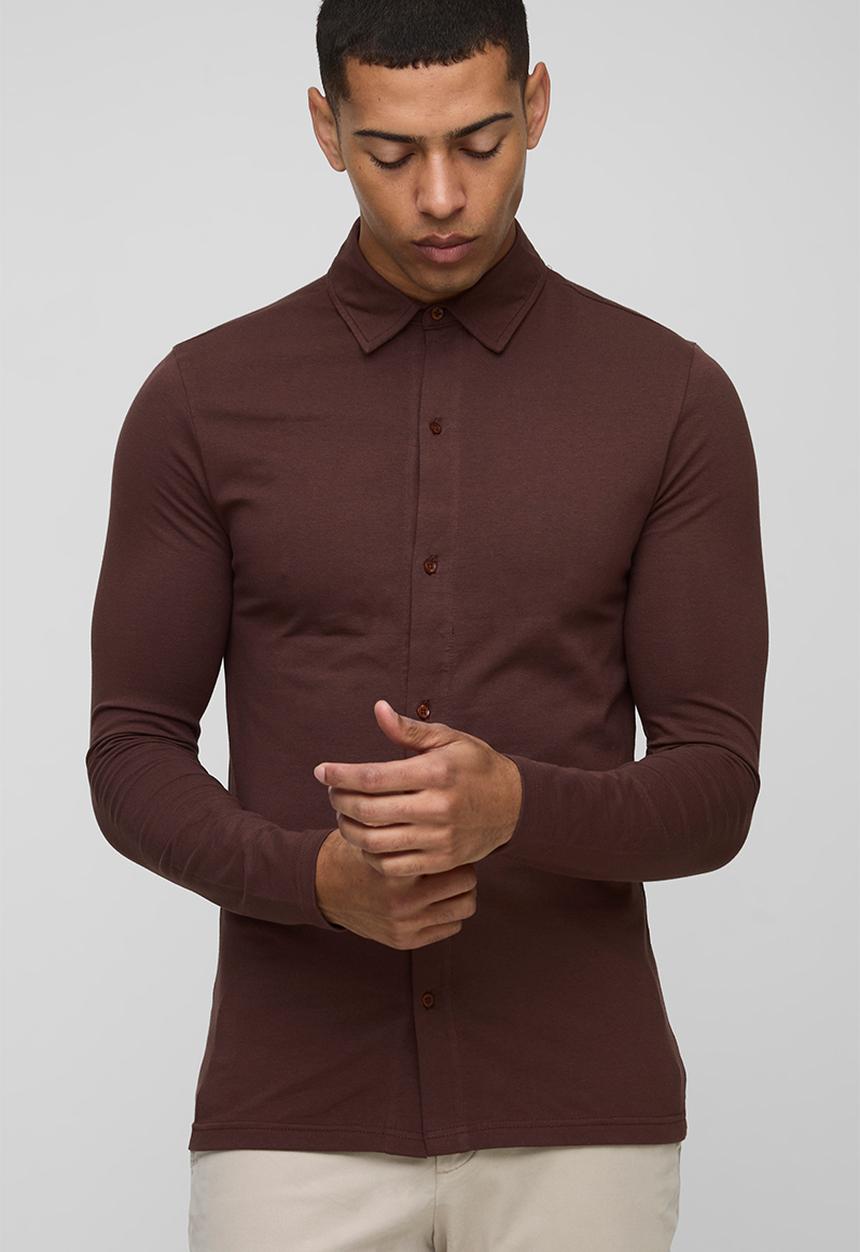 boohooMAN - Stretch Muscle Fit Jersey Long Sleeve Shirt - Chocolate