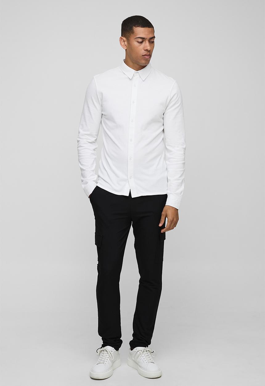 boohooMAN - Slim Fit Pique Button Down Collar Jersey Shirt - White