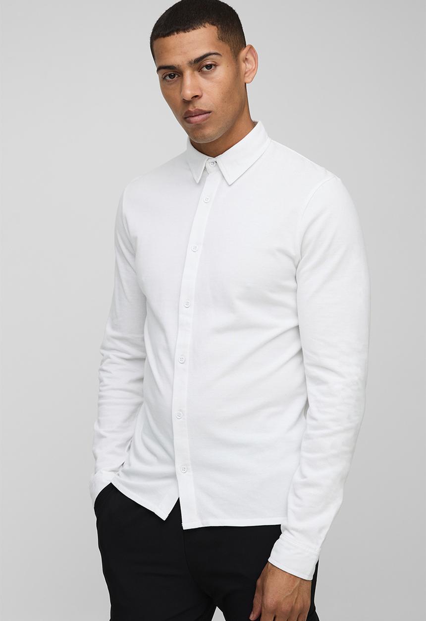 boohooMAN - Slim Fit Pique Button Down Collar Jersey Shirt - White