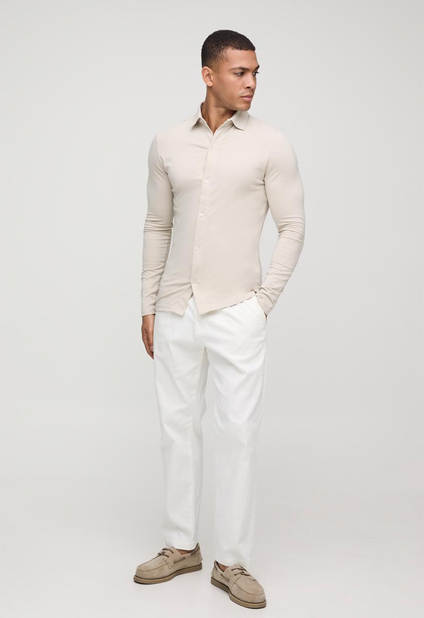 boohooMAN - Stretch Muscle Fit Jersey Long Sleeve Shirt - Stone
