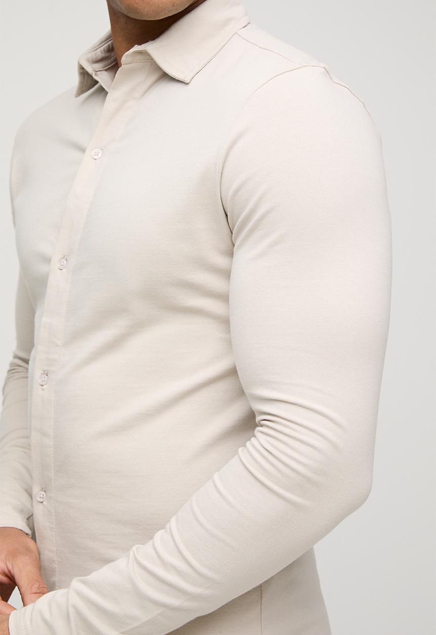 boohooMAN - Stretch Muscle Fit Jersey Long Sleeve Shirt - Stone