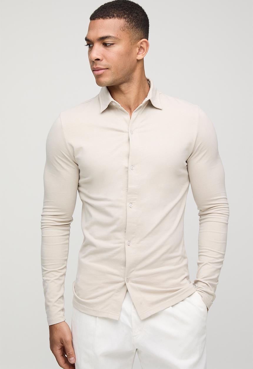 boohooMAN - Stretch Muscle Fit Jersey Long Sleeve Shirt - Stone