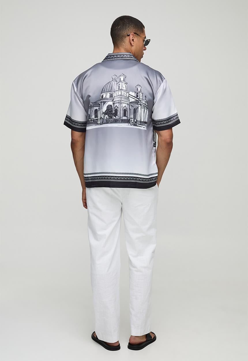 boohooMAN - Satin Oversized Revere Statue Border Shirt - Grey