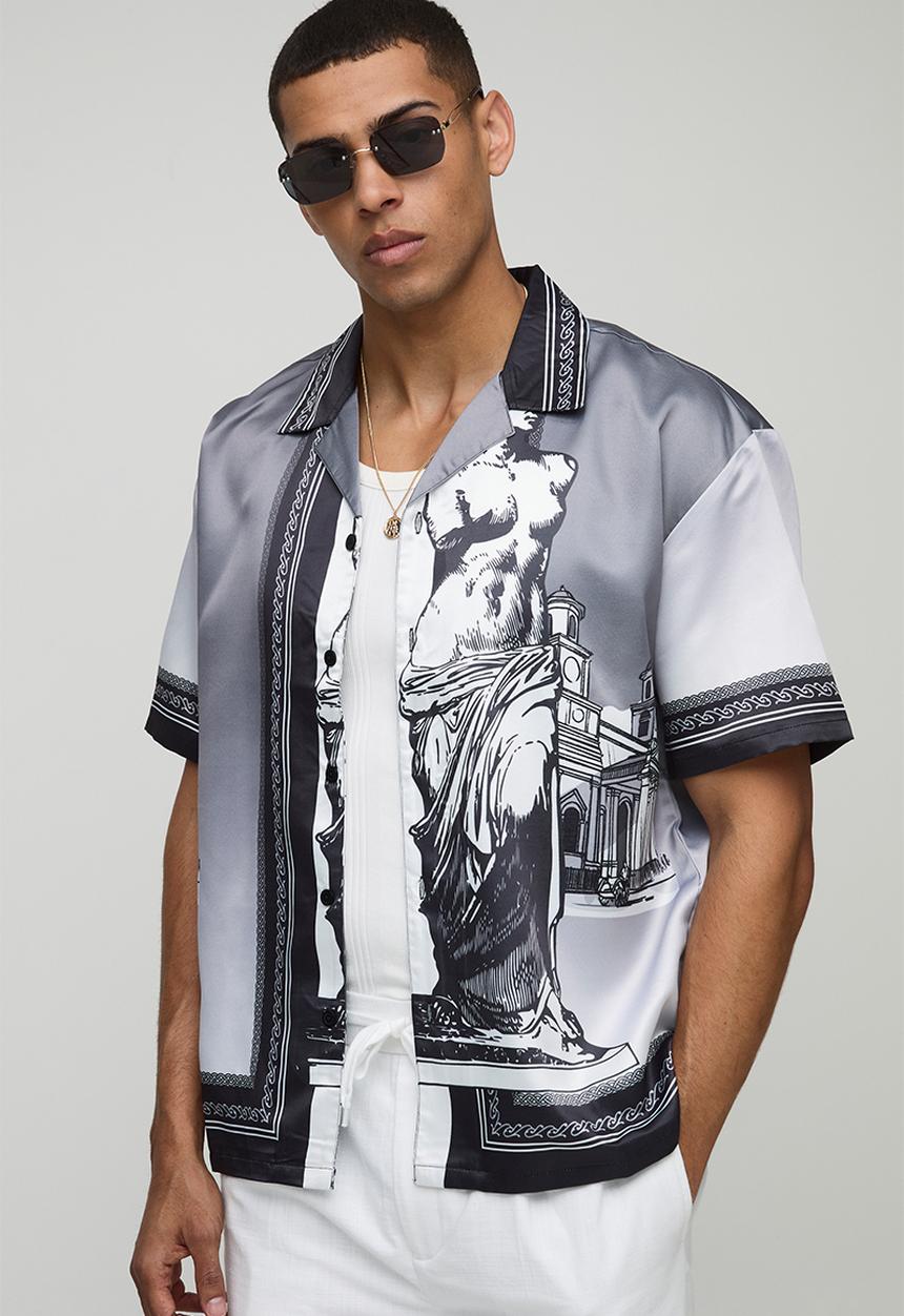 boohooMAN - Satin Oversized Revere Statue Border Shirt - Grey