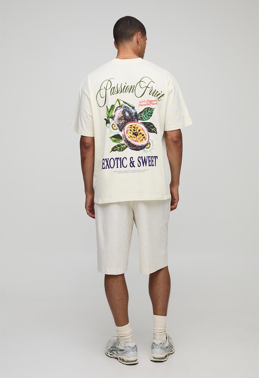 boohooMAN - Ecru Oversized Extended Neck Passionfruit Printed T-Shirt - Ecru