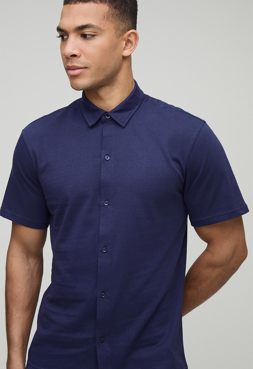 boohooMAN - Slim Fit Jersey Short Sleeve Shirt - Navy
