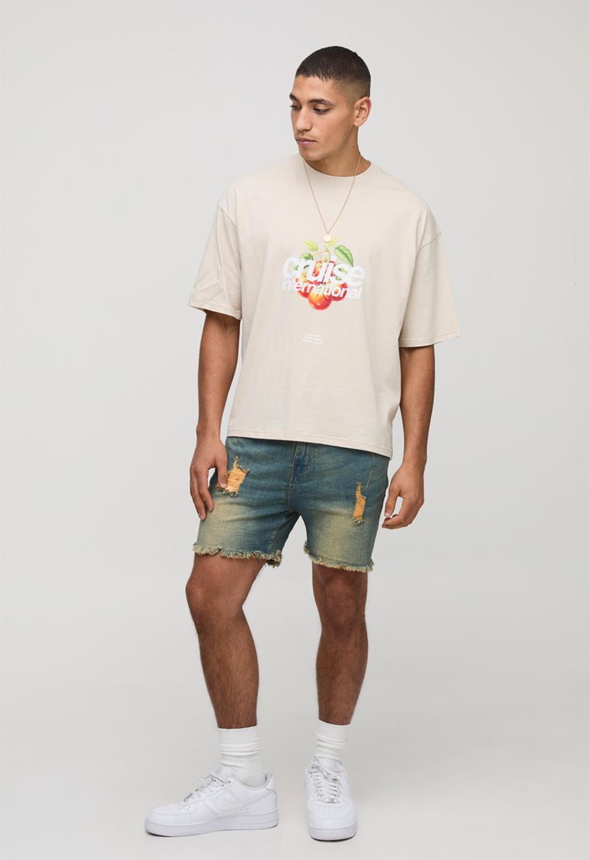 boohooMAN - Skinny Stretch Ripped Raw Hem Denim Shorts - Antique Wash