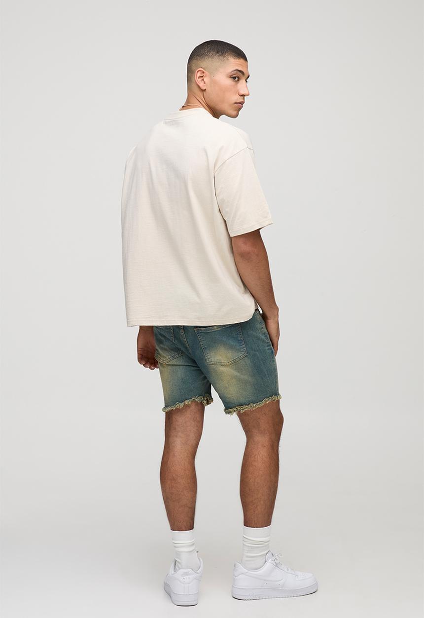 boohooMAN - Skinny Stretch Ripped Raw Hem Denim Shorts - Antique Wash