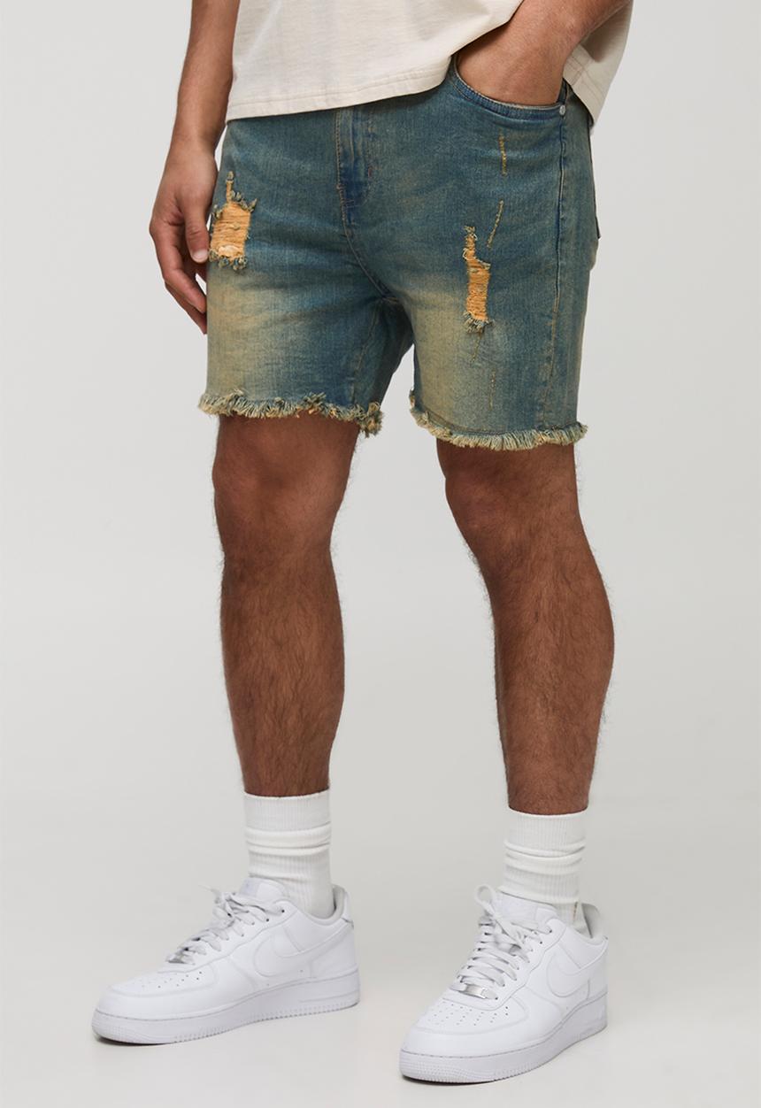 boohooMAN - Skinny Stretch Ripped Raw Hem Denim Shorts - Antique Wash