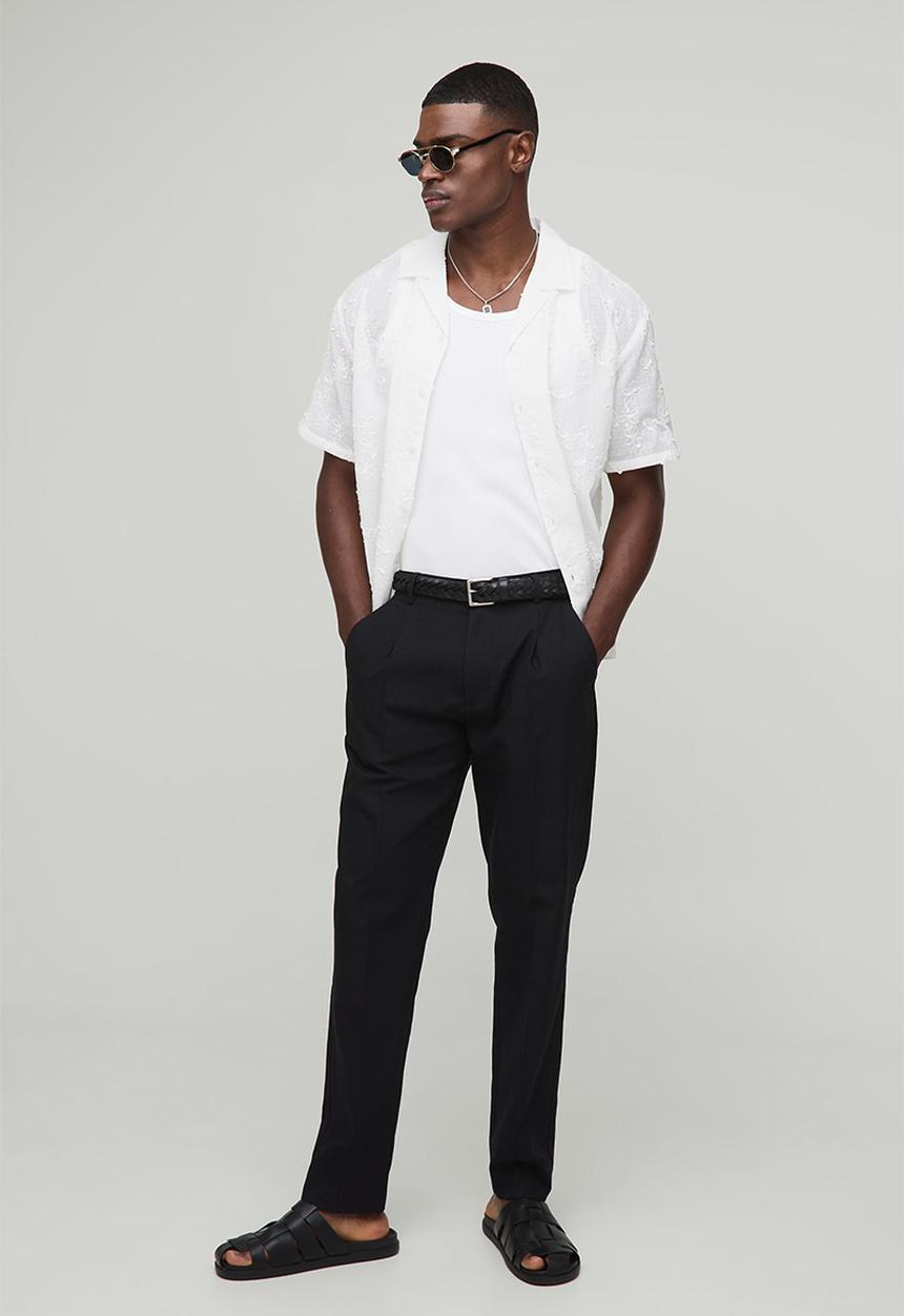 boohooMAN - Slim Fit Linen Blend Crease Front Trouser - Black