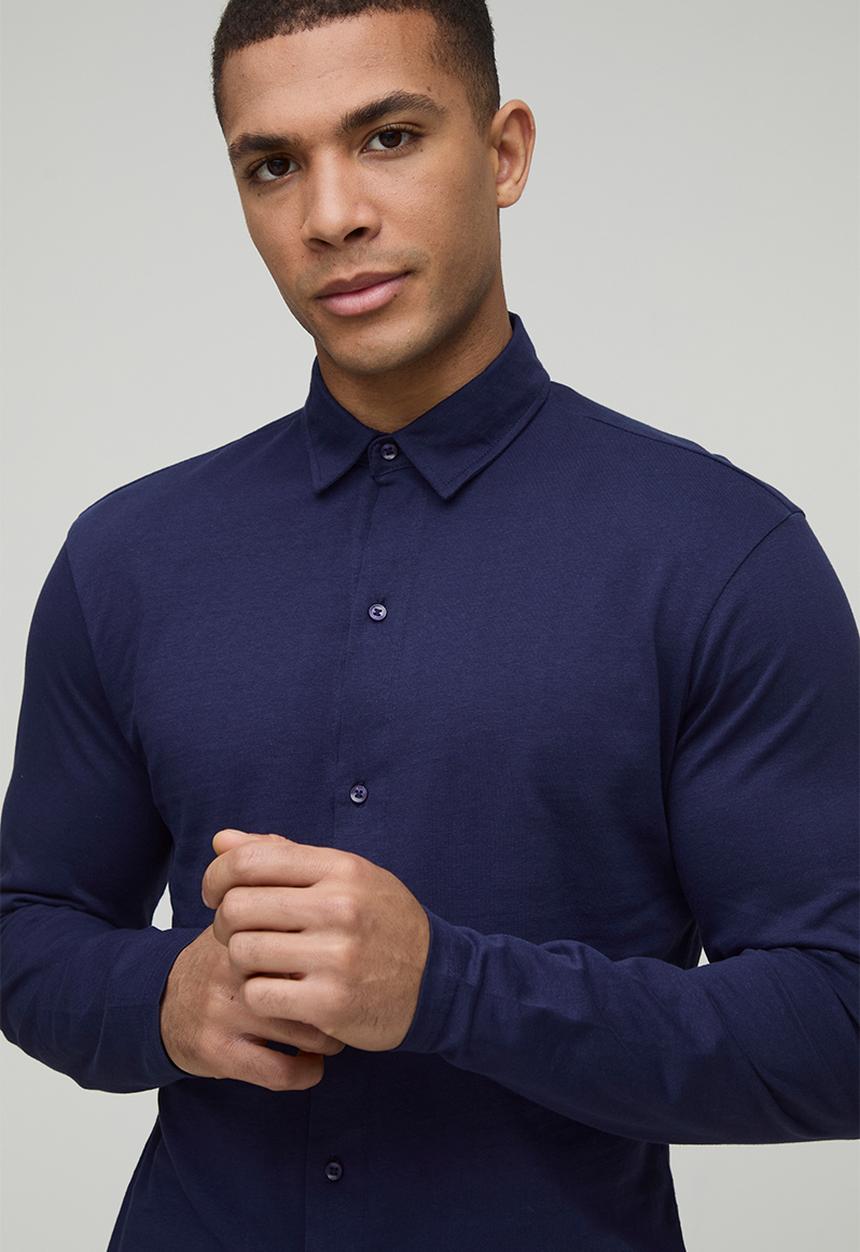 boohooMAN - Slim Fit Jersey Long Sleeve Shirt - Navy
