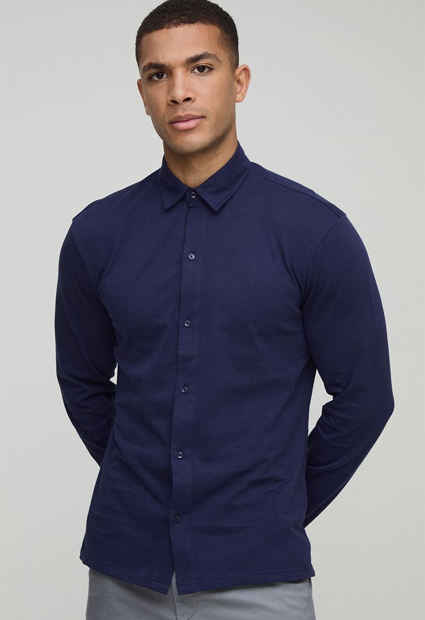 boohooMAN - Slim Fit Jersey Long Sleeve Shirt - Navy