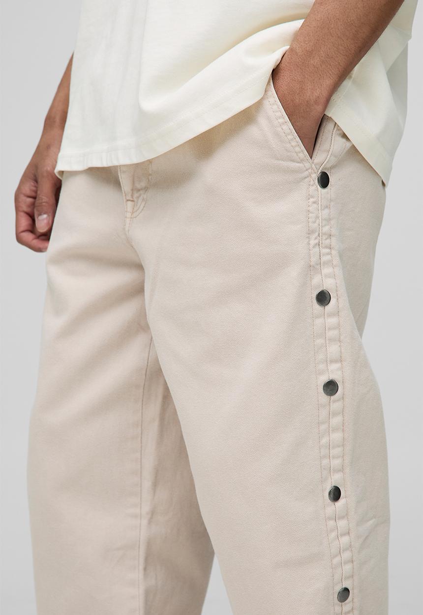 boohooMAN - Relaxed Fit Overdyed Twill Popper Hem Trousers - Stone