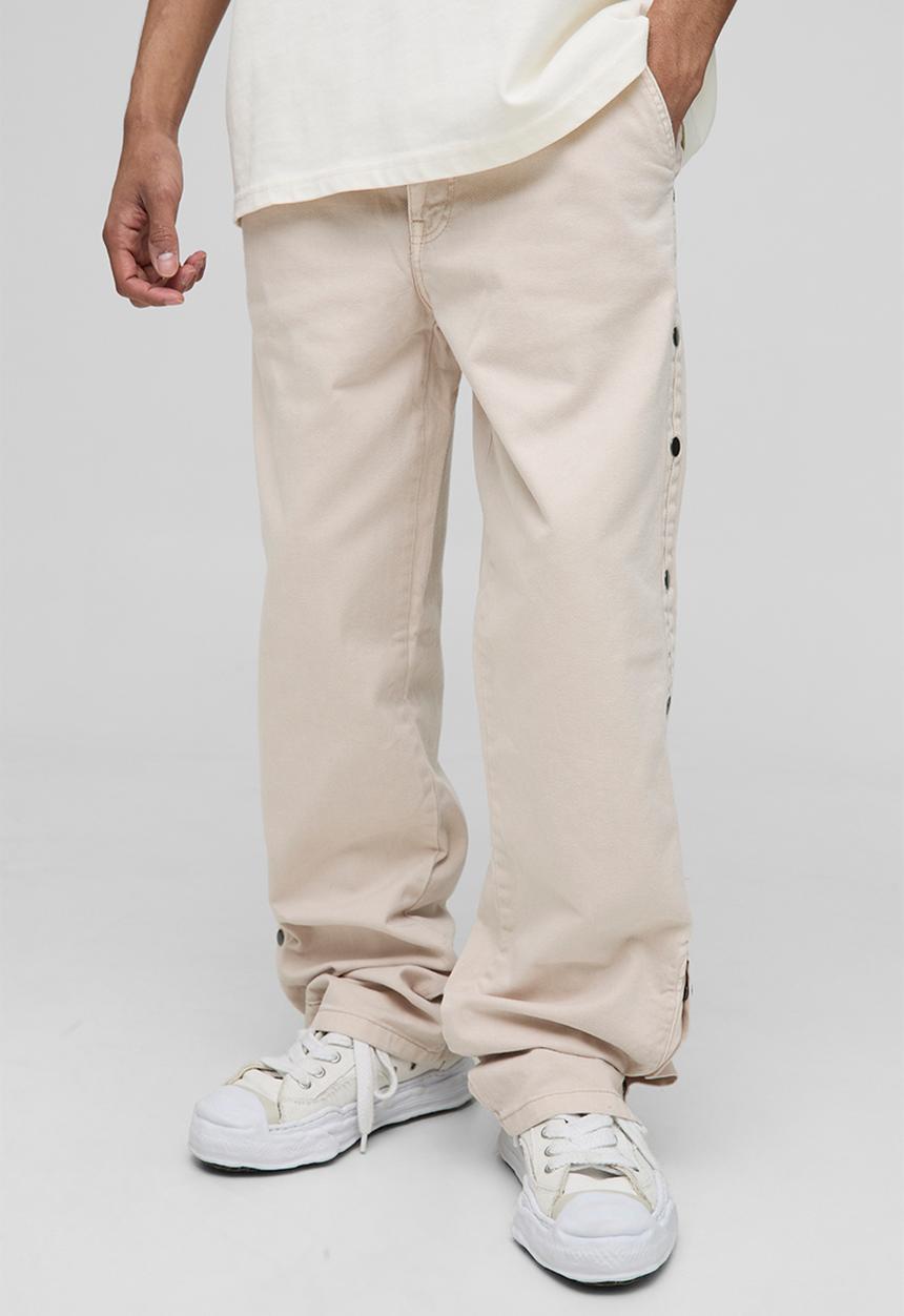 boohooMAN - Relaxed Fit Overdyed Twill Popper Hem Trousers - Stone