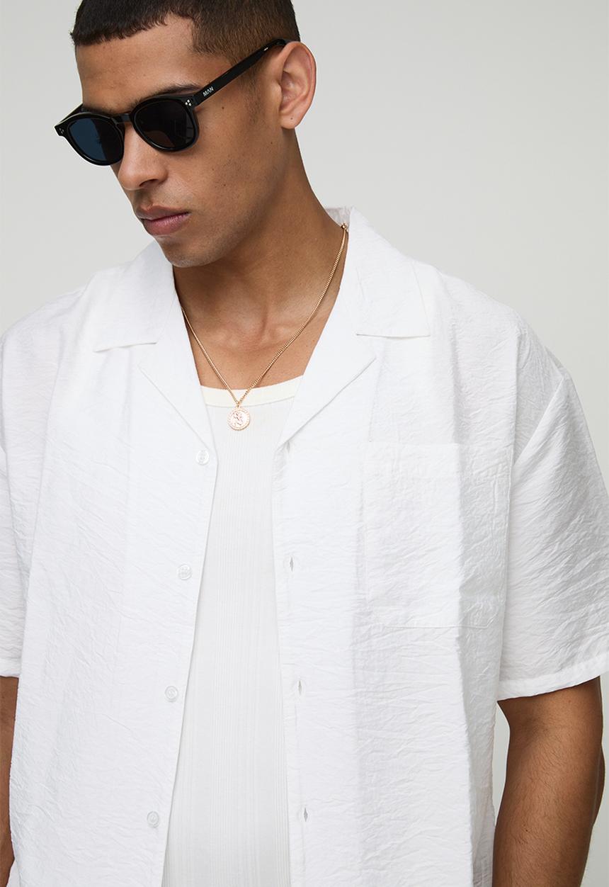 boohooMAN - Oversized Half Sleeve Crinkle Viscose Shirt - White