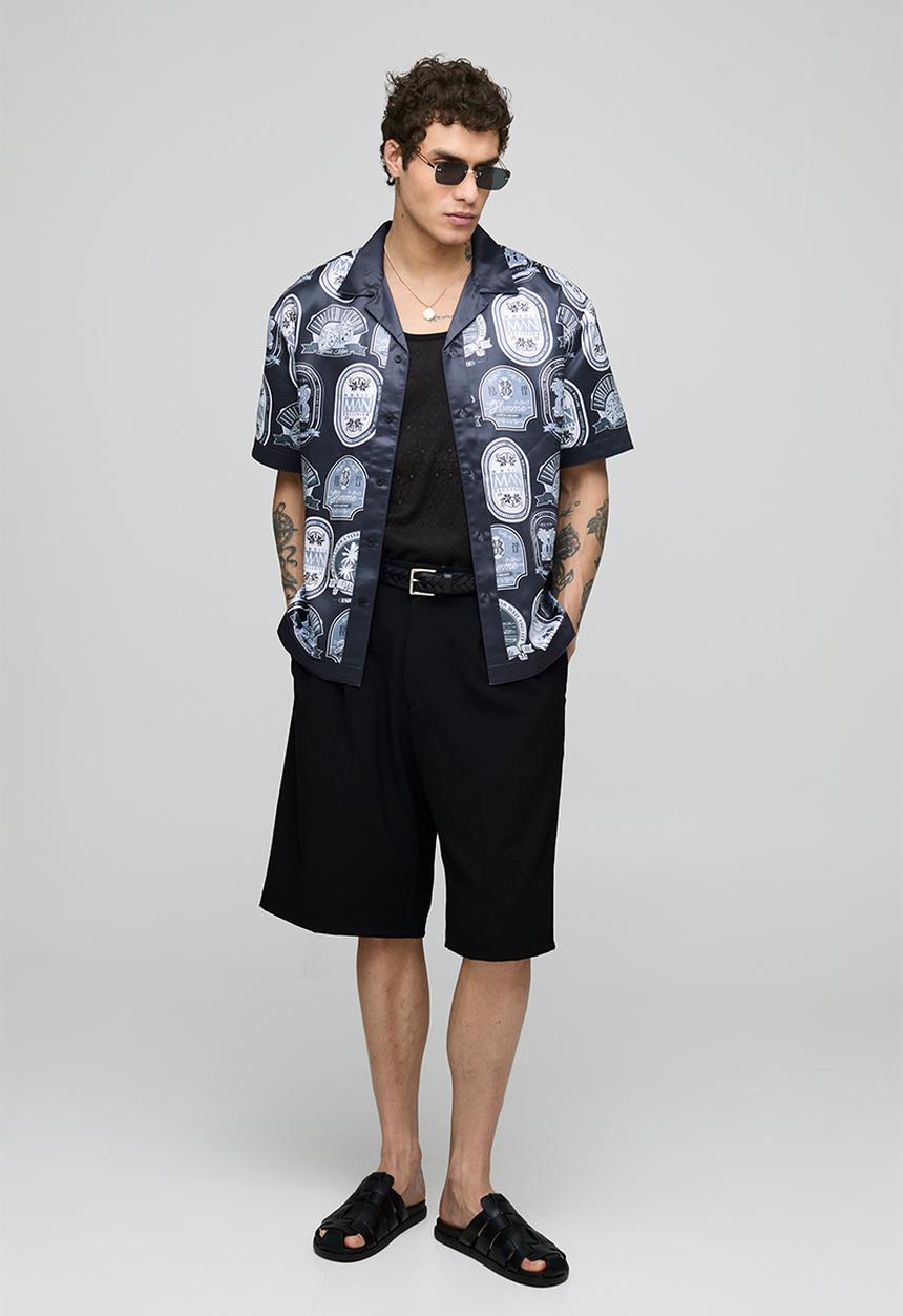 boohooMAN - Oversized Short Sleeve Border Print Satin Shirt - navy