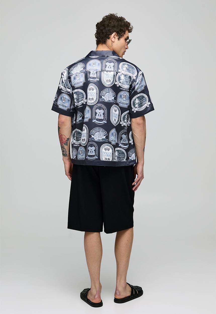 boohooMAN - Oversized Short Sleeve Border Print Satin Shirt - navy
