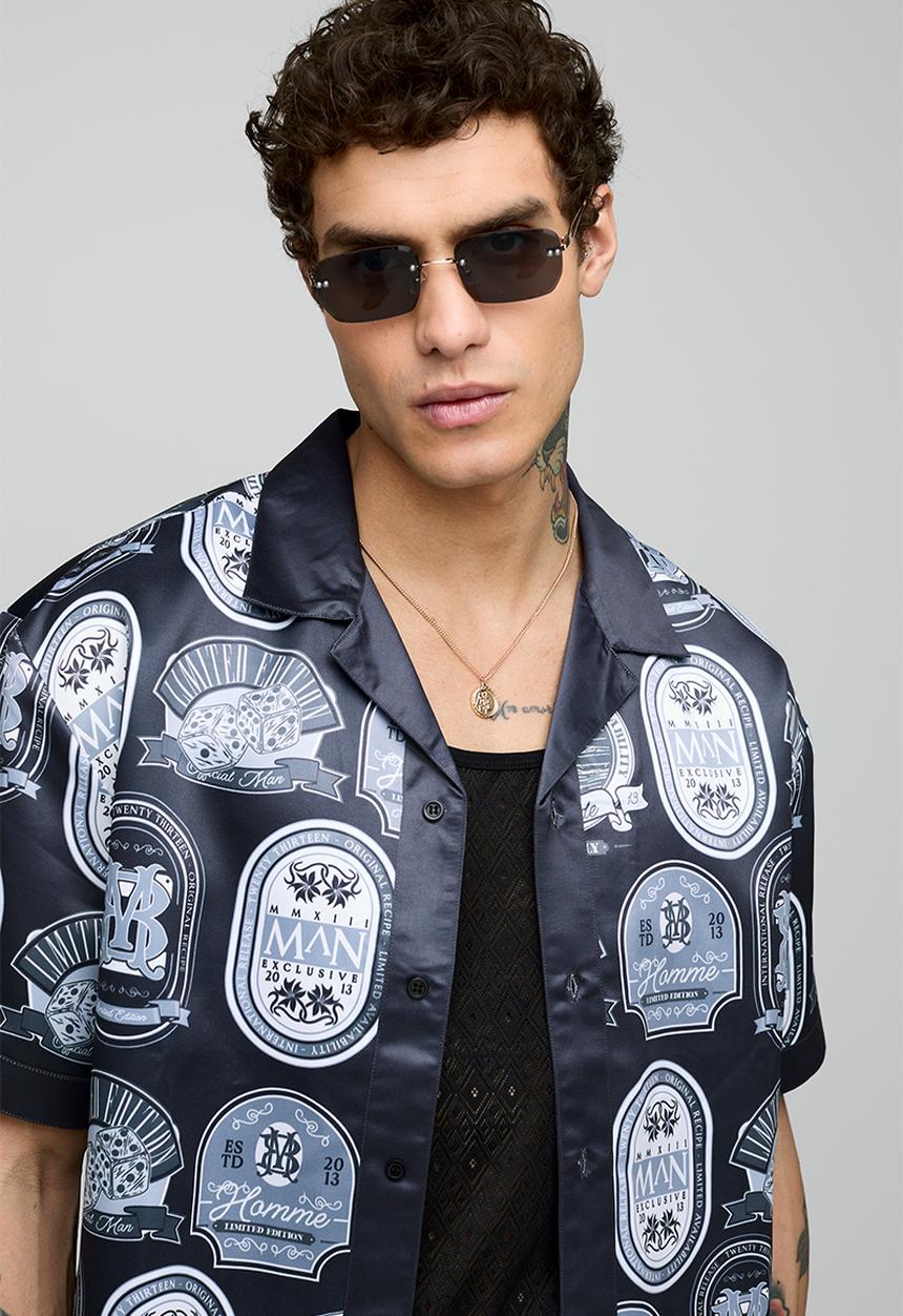 boohooMAN - Oversized Short Sleeve Border Print Satin Shirt - navy