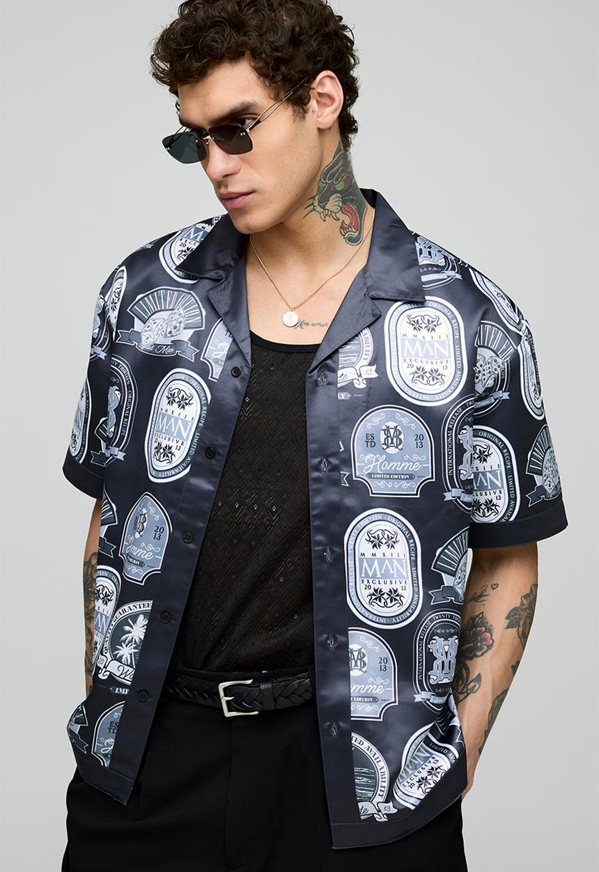 boohooMAN - Oversized Short Sleeve Border Print Satin Shirt - navy