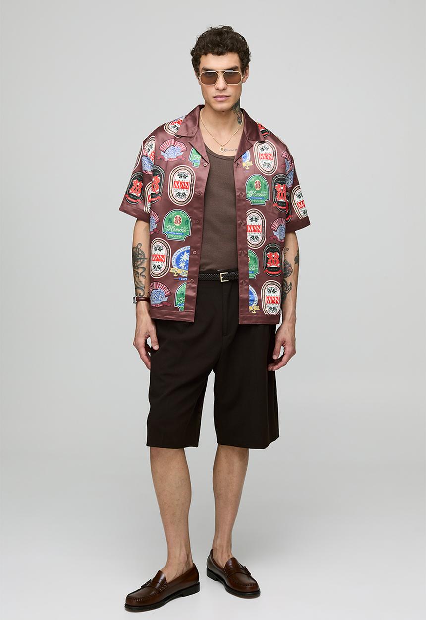 boohooMAN - Oversized Short Sleeve Border Print Satin Shirt - Brown