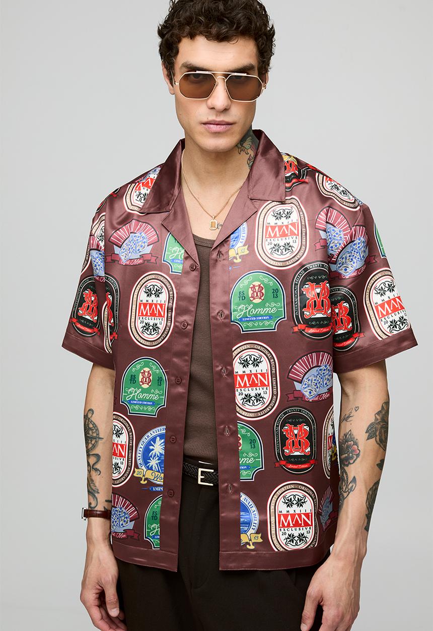 boohooMAN - Oversized Short Sleeve Border Print Satin Shirt - Brown