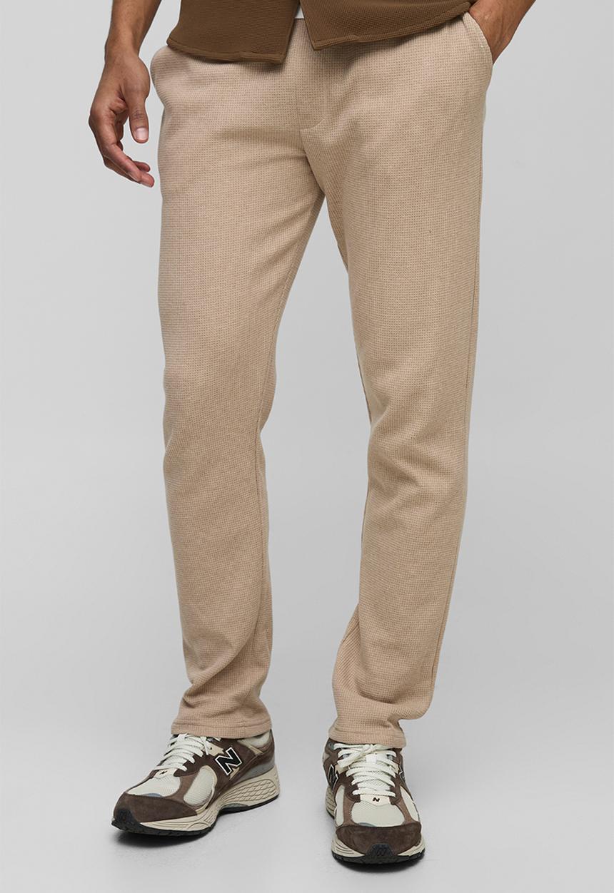 boohooMAN - Elasticated Waist Slim Fit Waffle Smart Trousers - Taupe