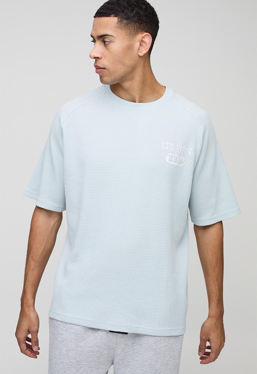 boohooMAN - Oversized Raglan Waffle Print T-Shirt - Blue