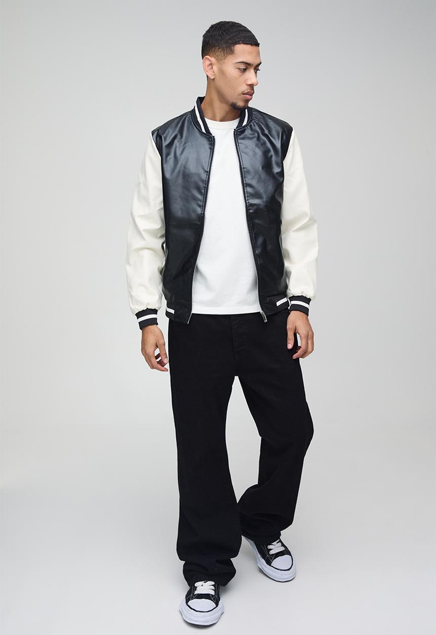 boohooMAN - Plain PU Varsity Jacket In Black - Black