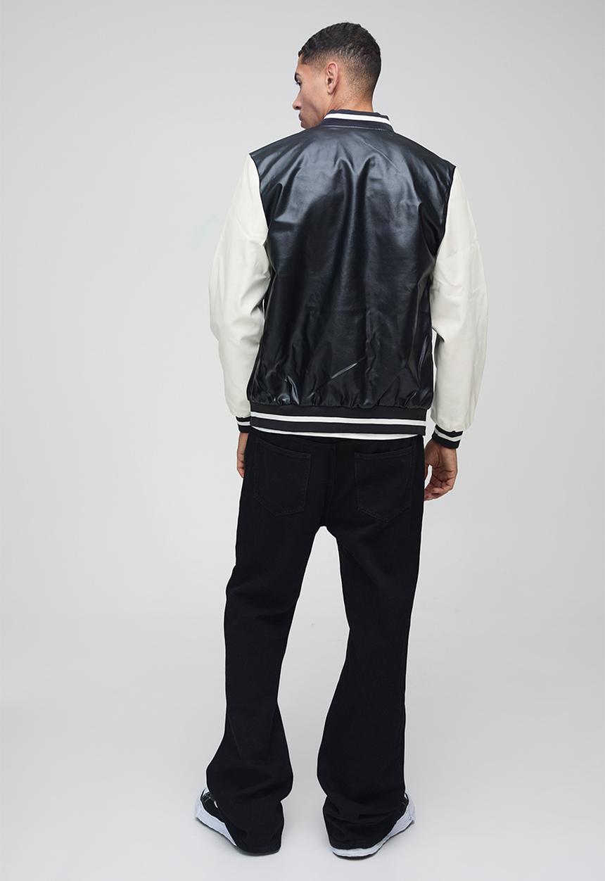 boohooMAN - Plain PU Varsity Jacket In Black - Black