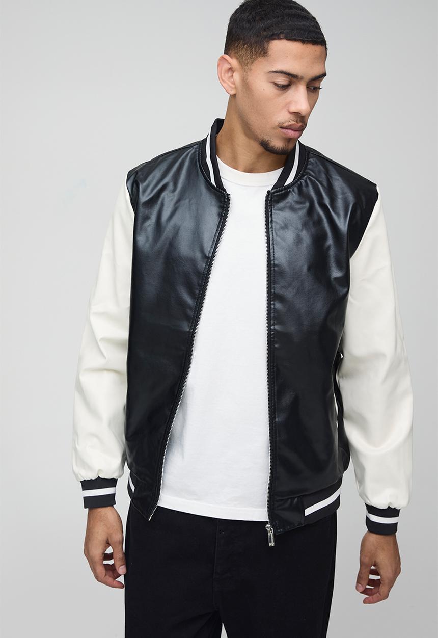boohooMAN - Plain PU Varsity Jacket In Black - Black