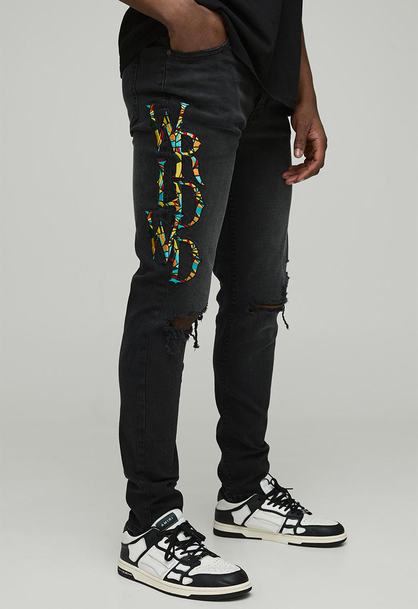 boohooMAN - Skinny Applique Ripped Jeans - Washed Black