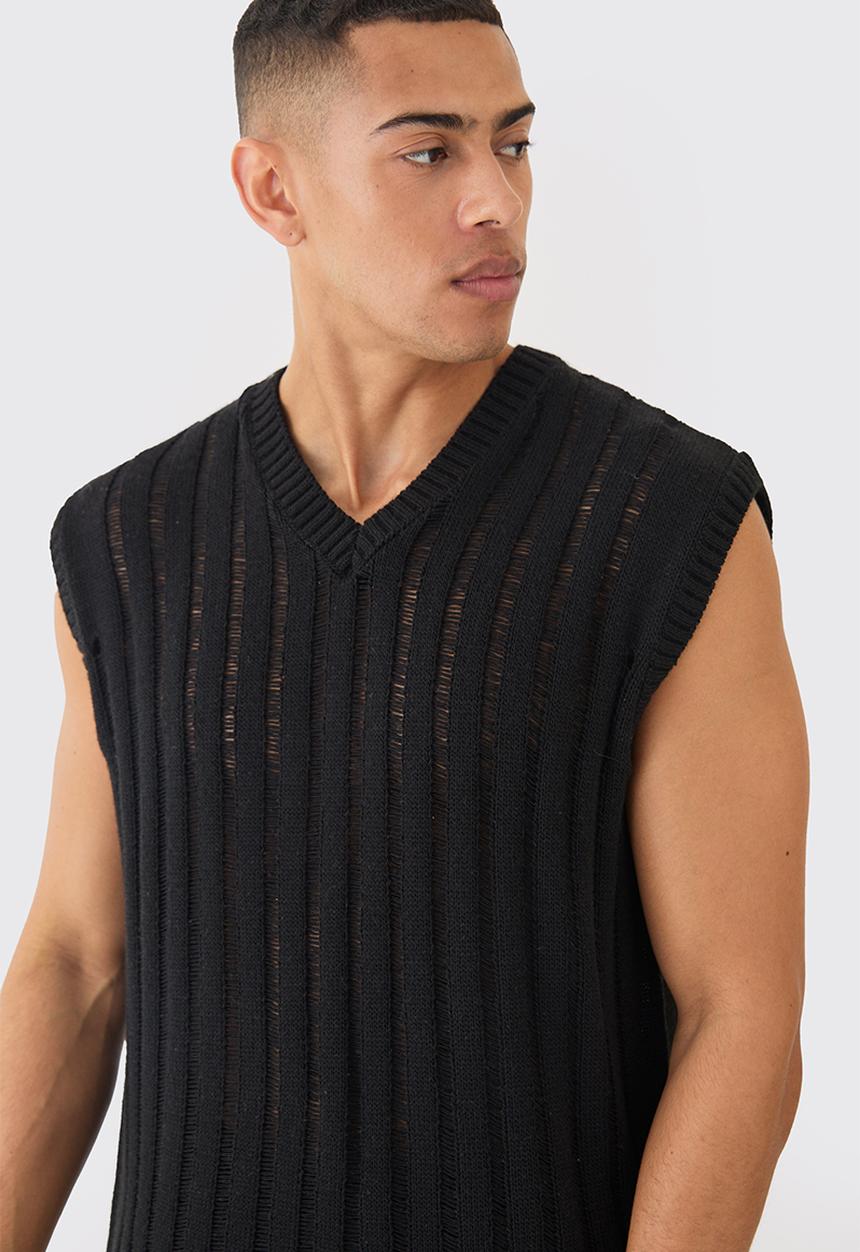boohooMAN - Regular Fit Open Stitch Vest In Black - Black