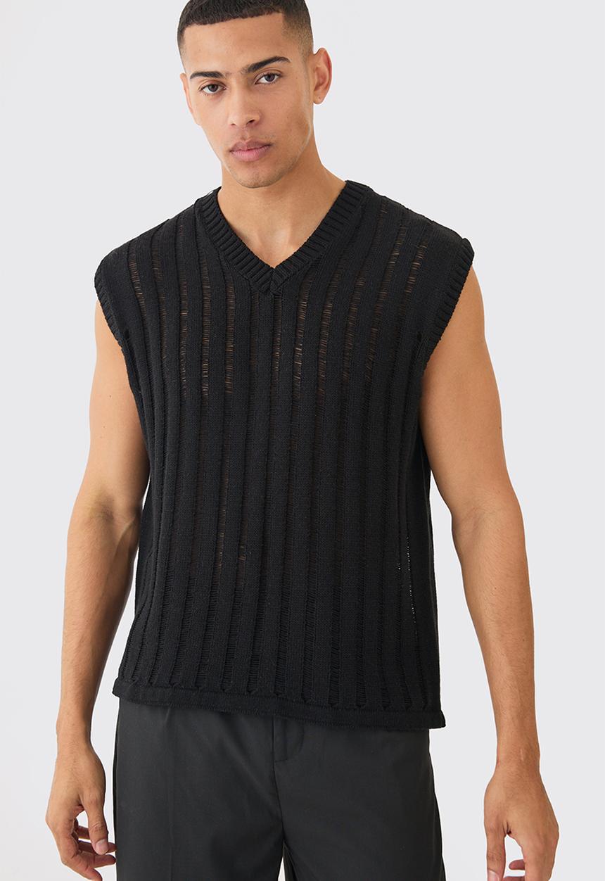 boohooMAN - Regular Fit Open Stitch Vest In Black - Black