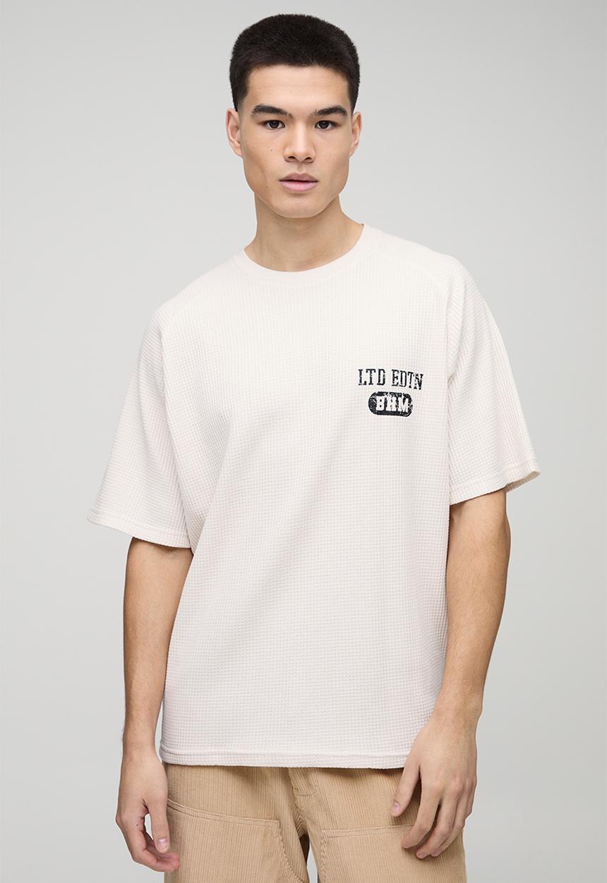 boohooMAN - Oversized Raglan Waffle Print T-Shirt - ecru
