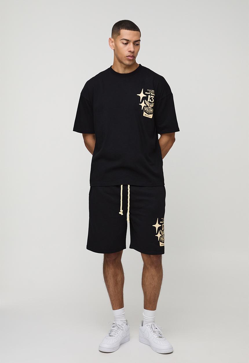 boohooMAN - Oversized Moto Graphic T-Shirt & Short Set - black